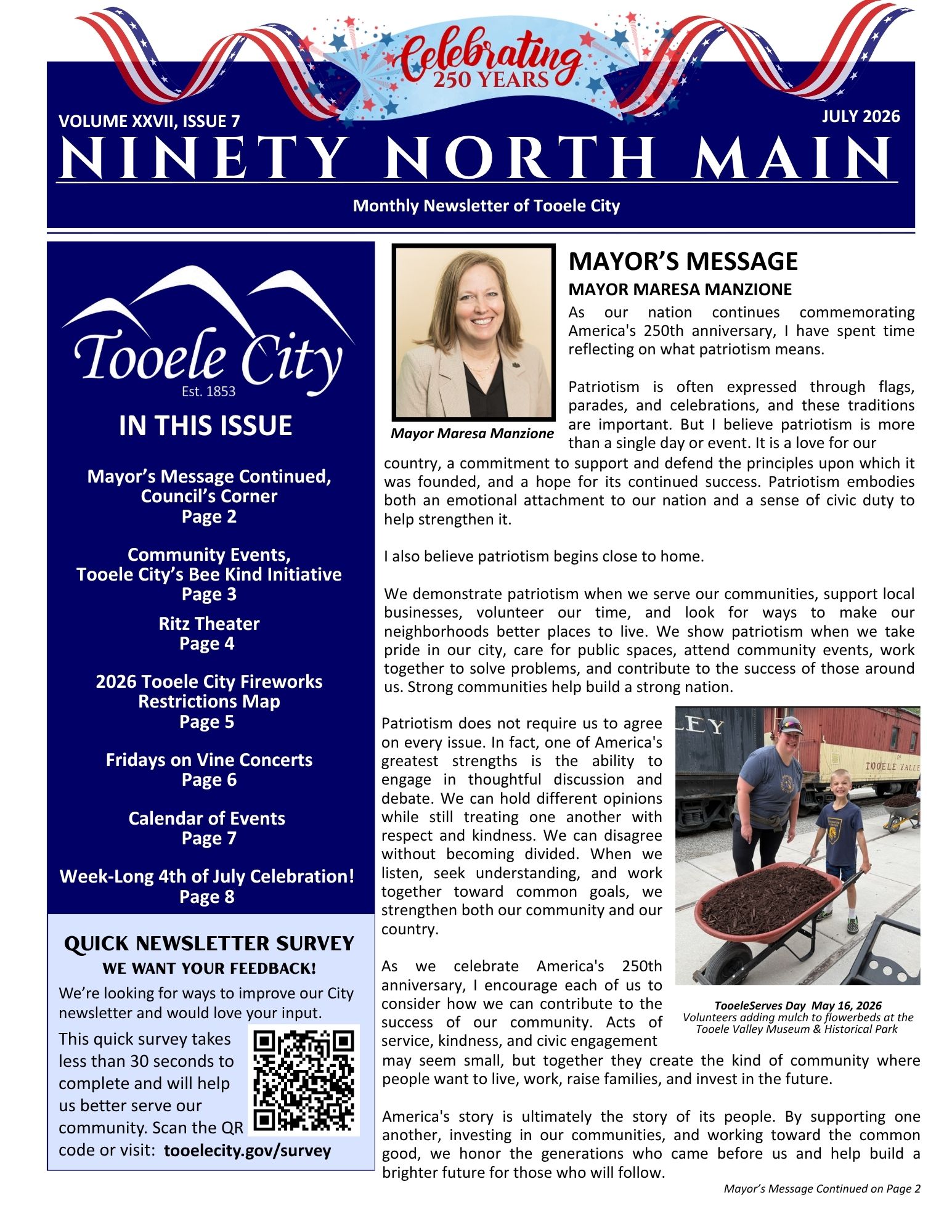 July 2026 Ninety North Main newsletter cover with the Tooele City logo, a sidebar listing featured pages, and Mayor Maresa Manzione&rsquo;s message with her portrait.